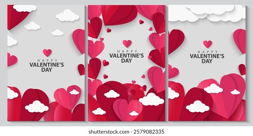 Set of Valentines Day greeting card. Trendy minimalist aesthetic design with hearts and copy space for text, valentine day template for promotional sale, background, banner or landing page template.