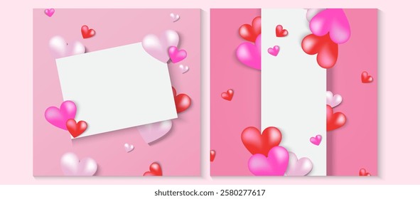 Set of Valentines Day greeting card. Trendy minimalist aesthetic design with hearts and copy space for text, valentine day template for promotional sale, background, banner or landing page template.