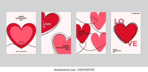 Set of Valentine's Day greeting card. Trendy minimalist aesthetic design with red and pink hearts. Template for invitation, cover, banner, poster, flyer. Vector illustration.