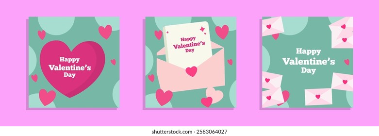 Set of Valentines Day greeting card. Trendy minimalist aesthetic design with hearts, typograpty and lettering. Template for invitation, cover, banner, poster, flyer. Vector illustration.
