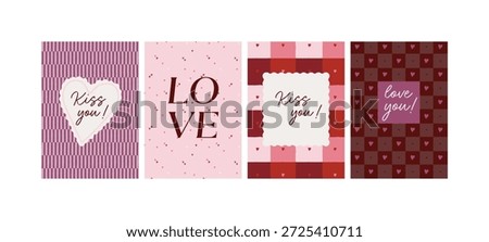 Set of valentines day greeting card collection with pink and purple romantic patterns. Heart frames, and love messages