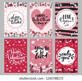 Set of Valentine's day greeting cards with hand written greeting words and floral wreaths and branches and brush strokes on background