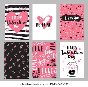 Set of Valentine's day greeting cards with hand written greeting lettering and decorative textured brush strokes on background. Happy Valentine's day, Love you words, love in a jar concept