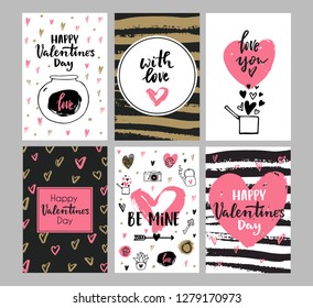 Set of Valentine's day greeting cards with hand written greeting lettering and decorative textured brush strokes on background. Happy Valentine's day, Love you words, love in a jar concept