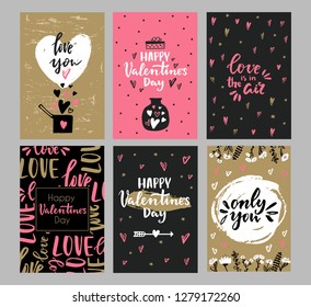 Set of Valentine's day greeting cards with hand written greeting lettering and decorative textured brush strokes on background. Happy Valentine's day, Love you words, love in a jar concept