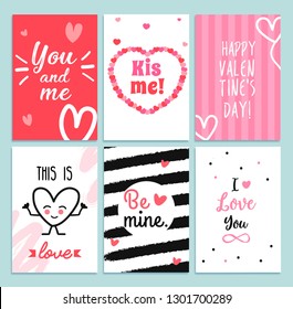 Set of Valentine's day greeting cards with hand written greeting lettering and decorative textured brush strokes on background. You and me , Kis me!, Happy Valentine's Day, It is love- Vector 