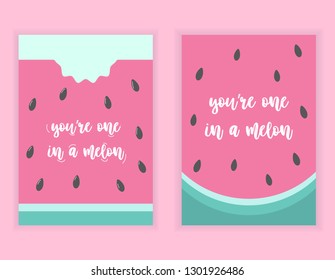 Set of Valentine's day greeting cards with quote  on background. Happy Valentine's day, Love you words, you're one in a melon.Watermelon slices, cute, cartoon, vector.