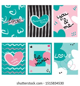 Set of Valentine's day greeting cards with hand written greeting lettering in abstract design