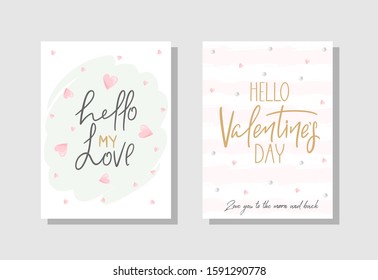 Set of Valentine's day Greeting cards with flowers, sweets, branches, romantic elements and handwritten text.
 Vector illustration. Template for invitation, greeting, greetings, posters.