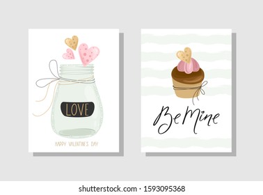 Set of Valentine's day Greeting cards with flowers, sweets, branches, romantic elements and handwritten text. Vector illustration. Template for invitation, greeting, greetings, posters.
