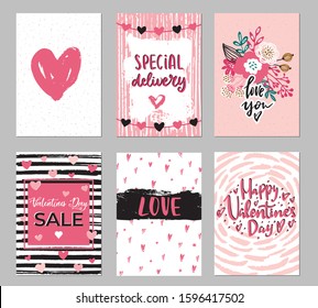 Set of Valentine's day greeting cards with hand writtenlettering and decorative textured brush strokes on background. Happy Valentine's day, Love you words,vector illustration scandinavian style