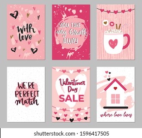 Set of Valentine's day greeting cards with hand writtenlettering and decorative textured brush strokes on background. Happy Valentine's day, Love you words,vector illustration scandinavian style