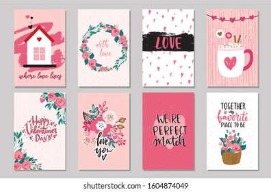 Set of Valentine's day greeting cards and posters with hand drawn butterflies and decorative textured brush strokes on background. Happy Valentine's day vector illustration scandinavian style