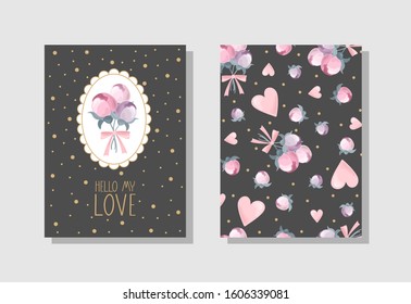 Set of Valentine's day Greeting cards with flowers, sweets, branches, romantic elements and handwritten text.
 Vector illustration. Template for invitation, greeting, greetings, posters.
