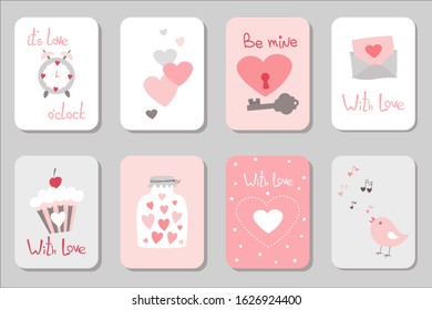 Set of Valentine's Day greeting cards in flat cartoon style. With love card. Valentine day elements. 14 February.