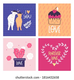 Set of Valentine's Day greeting cards. Design for valentine and wedding. Template for greetings, scrapbooking, invitations, stickers, planners. Vector cartoon illustrations.