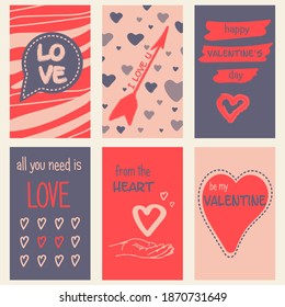 A set of Valentine's day greeting cards with hearts, greeting letters on different backgrounds. For love letters, presents, gifts, cards. Vector illustration