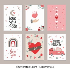 Set of Valentine's day greeting cards with hand written greeting lettering in modern bohemian style. Boho Happy Valentine's day concept, boho rainbow, moon and stars