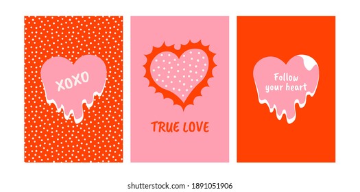 Set of Valentine's day greeting cards and posters with hearts. Vector trendy illustration. Dots pattern. True love, xoxo, hugs and kisses, follow your heart. 