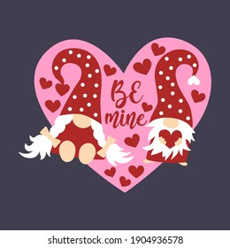 Set of Valentines Day greeting cards with couple of cute scandinavian gnomes, hearts and text be mine isolated on grey background. Flat design vector illustration.