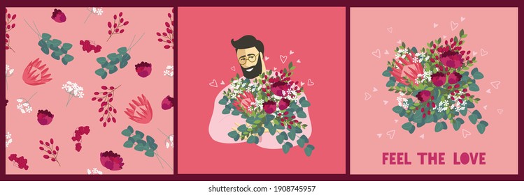 Set Valentine's Day greeting cards in flat cartoon style. Invitation, greeting card, avatar in social networks. Seamless flowers pattern. Vector design concept. 14 February.