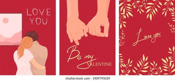 Set of Valentine's day greeting cards with hand written greeting lettering and decorative textured brush strokes on background. Happy Valentine's day, Love you words