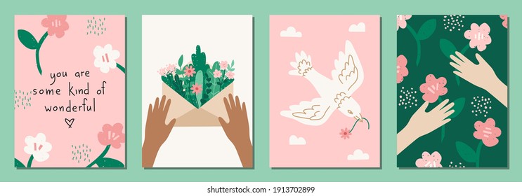 Set of Valentine's Day greeting cards with flowers in modern, trendy colors, vector illustration.