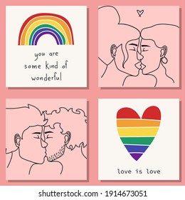 Set of Valentine's Day greeting cards with lgbt elements in modern, trendy colors, vector illustration.