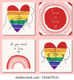 Set of Valentine's Day greeting cards with lgbt elements in modern, trendy colors, vector illustration.