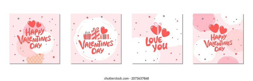 Set of Valentine's day greeting cards with hand written greeting lettering. Suitable for social media posts, banners design. Vector illustration.
