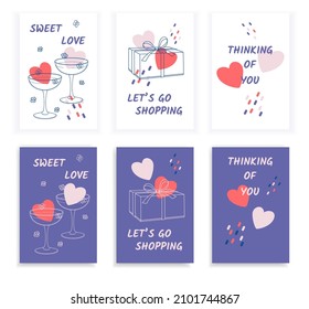 Set Valentine's Day greeting cards with art line gift box, Champaign glasses, abstract shapes and slogans. Vector illustrations for season invitations, cards, posters and flyers.