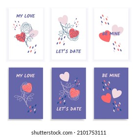 Set Valentine's Day greeting cards with art line roses, abstract shapes and slogans. Vector illustrations for season invitations, cards, posters and flyers.