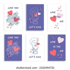 Set Valentine's Day greeting cards with art line roses, antic head,  abstract shapes and slogans. Vector illustrations for season invitations, cards, posters and flyers.