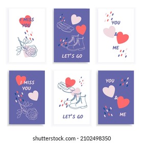 Set Valentine's Day greeting cards with art line rose, shoes, boots abstract shapes and slogans. Vector illustrations for season invitations, cards, posters and flyers.