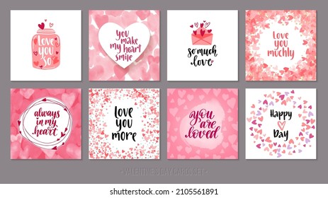 Set Valentine's Day greeting cards with lettering and decorative hand drawn love elements. Vector illustration for season invitations, cards, posters and flyers.