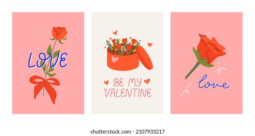 Set of valentine's day greeting cards with vector illustrations and lettering. Roses, bouquet of flowers, hearts. Romantic objects. Love lettering. Be my valentine