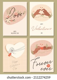 Set of Valentines day greeting cards concept templates in flat design, with hand drawing illustrations and lettering