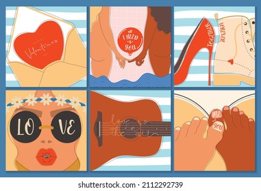Set of Valentines day greeting cards concept templates in flat design, with hand drawing illustrations and lettering