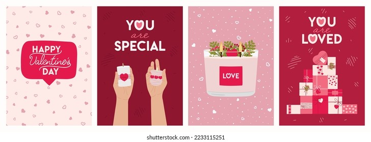 Set of Valentine's day greeting cards with candles, hands, gift boxes, greenery and lettering wishes. Happy Valentine's day posters, invitation. Zero waste eco gifts. Hand drawn vector illustration. 