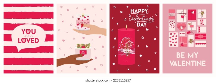 Set of Valentine's day greeting cards with candles, hands, gift boxes, greenery and lettering wishes. Happy Valentine's day posters, invitation. Zero waste eco gifts. Hand drawn vector illustration. 