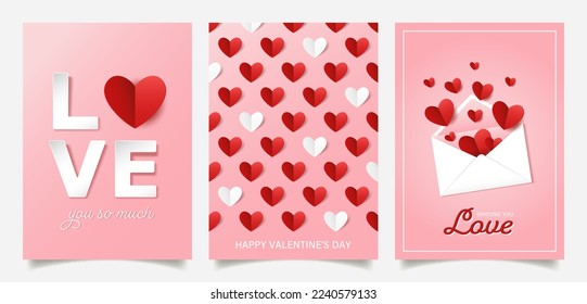 Set of Valentine's Day greeting cards with paper cut hearts and elements.