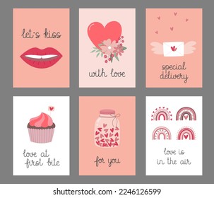 Set of Valentine's Day greeting cards with hand drawn cute elements. Template for greeting card, invitation, poster, banner, gift tag. Vector illustration