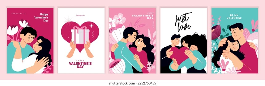 Juego de tarjetas de felicitación y pancartas de San Valentín. Conceptos de ilustración vectorial para fondo, tarjeta de saludo, banner de sitio web y móvil, banner de medios sociales, material de marketing.