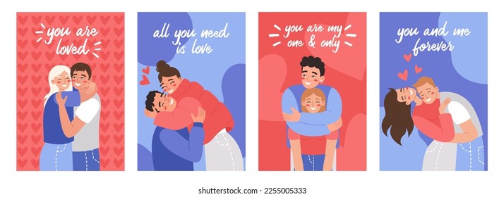 Set of Valentine's day greeting cards or posters. Couples hugging or cuddling. February 14 concept.