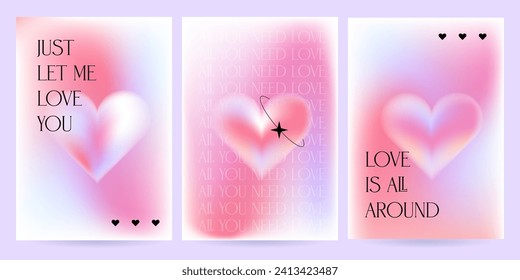 Set of Valentine's Day greeting cards. Lovely blurry modern art poster cover design. Invitation or A4 banner templates with valentine day gradient hearts. Wavy pink layout vector template .