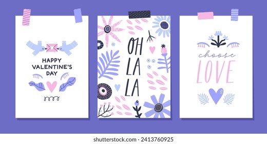 Set of Valentine's day greeting cards, posters with hand drawn decorative elements. Vector illustration