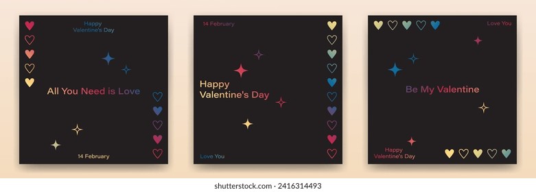 Set of Valentine's Day greeting cards on a black background in minimalism style.Modern design template for banner, invitation card, social media post, cover.