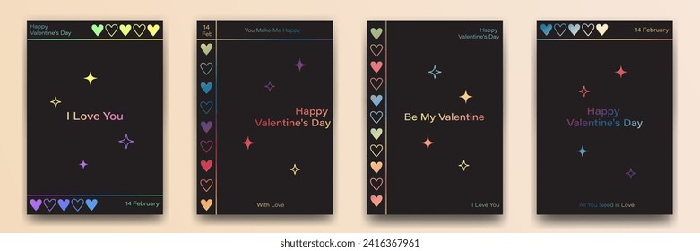 Set of Valentine's Day greeting cards on a black background in minimalism style. Modern design template for banner, invitation card, social media post, cover.