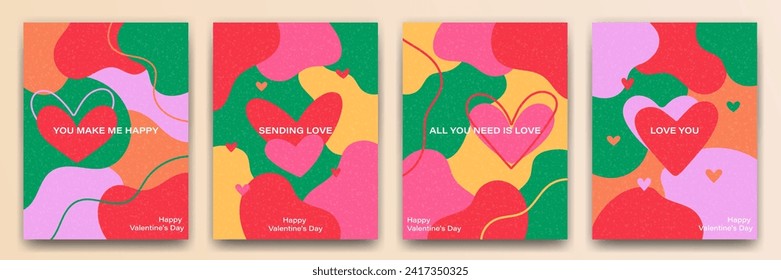 Set of Valentine's Day greeting cards in modern abstract style. Background template with abstract shapes, heart and grainy texture for invitation, social media post, banner, cover.