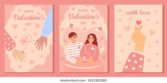 Set of Valentine's day greeting cards with heats, beautiful couple of young woman and man embracing, red thread of fate. Cartoon illustration of people dating and in love